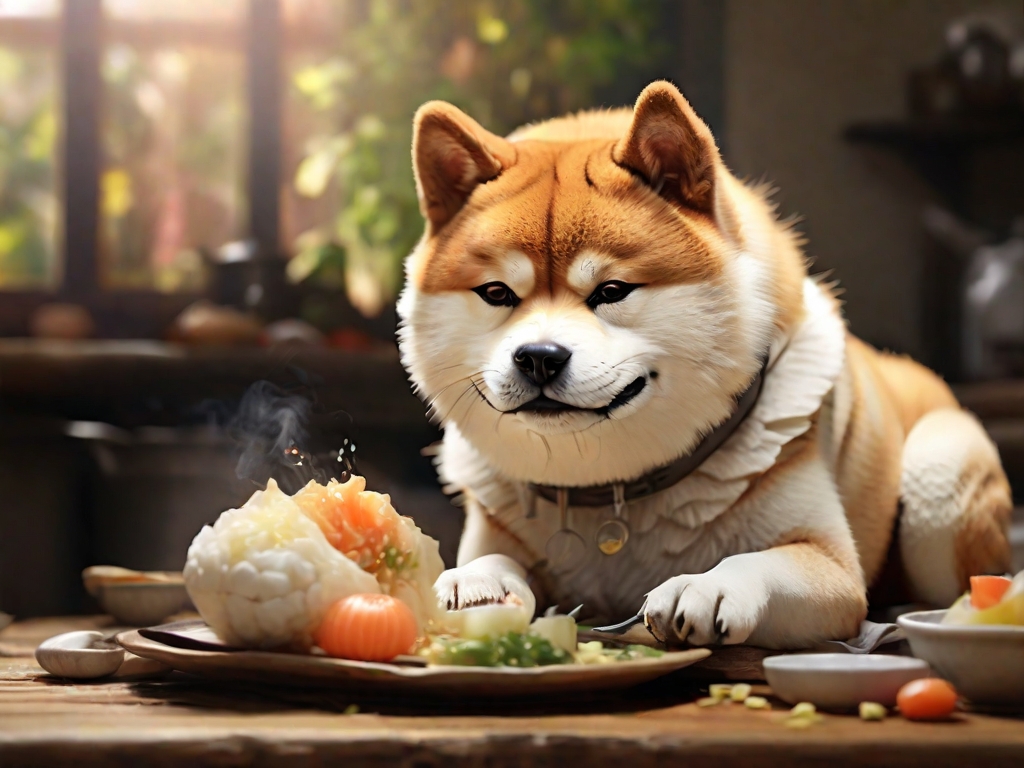 cachorro akita comendo