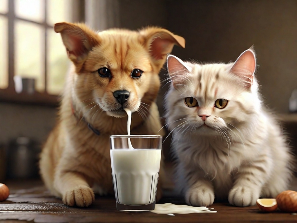 gato e cachorro tomando leite