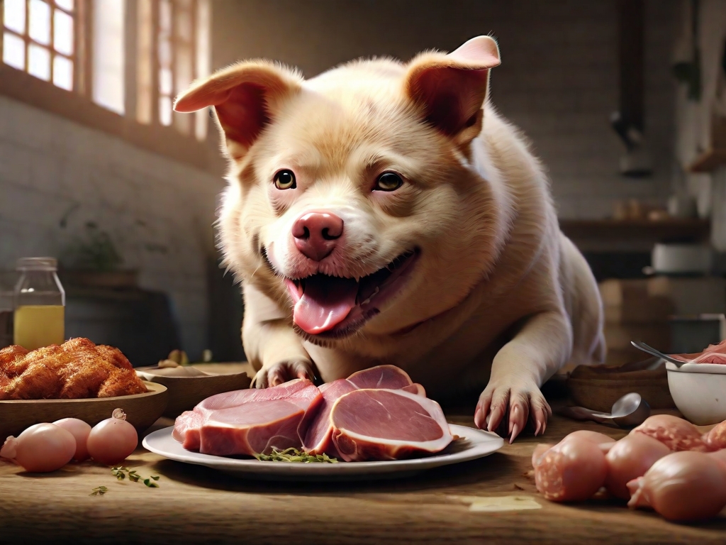 cachorro comendo carne de porco