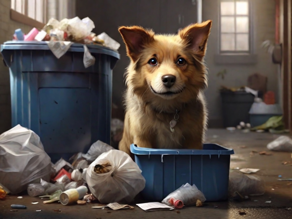 cachorro mexendo no lixo