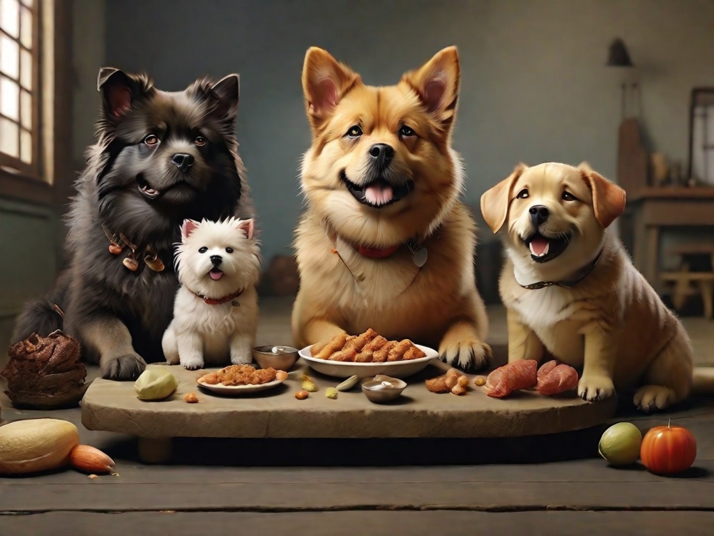 cachorros de diferentes tamanhos comendo